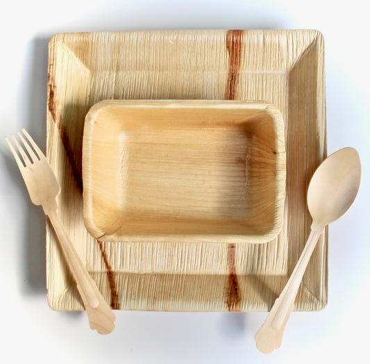 Eco Friendly Baby Shower Bamboo Type Palm Leaf Plates 25 Piece 10" Square - 25 Triangle 6x4 - 75 Piece Cutlery - For Events & Parties - Disposable - Compostable - Biodegradable