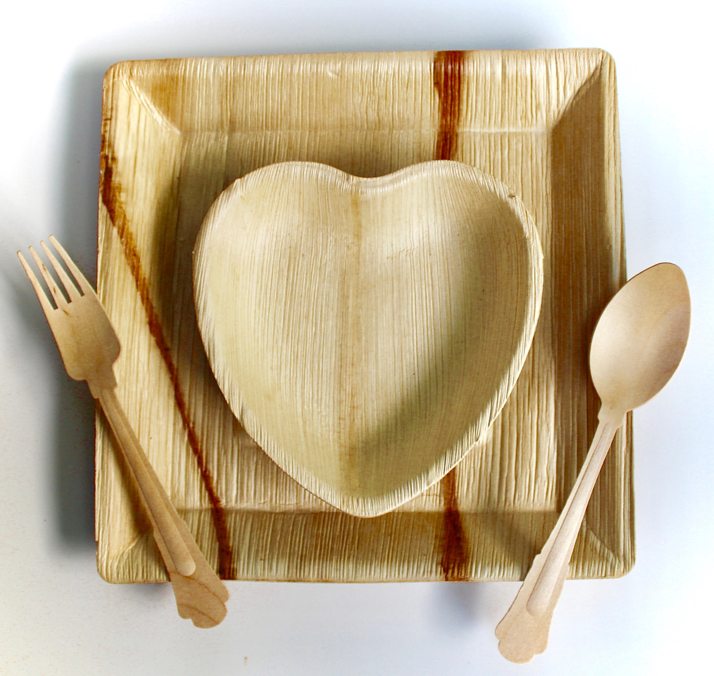 Eco Friendly Baby Shower  Bamboo Type Palm Leaf Plates 25 Piece 10" Square  - 25 Heart 6"- 75 Piece Cutlery - Biodegradable