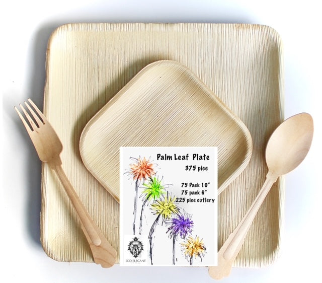 Baby Shower Bamboo Type Palm Leaf Plates 75 Piece 10" Square - 75 Square 7" Square  225 Piece Cutlery