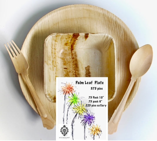 Eco Friendly Bamboo Type Palm Leaf Plate Round 10" Bowl 6" and Fork - Spoon - Knife - For Events & Parties - Disposable - Compostable - Biodegradable