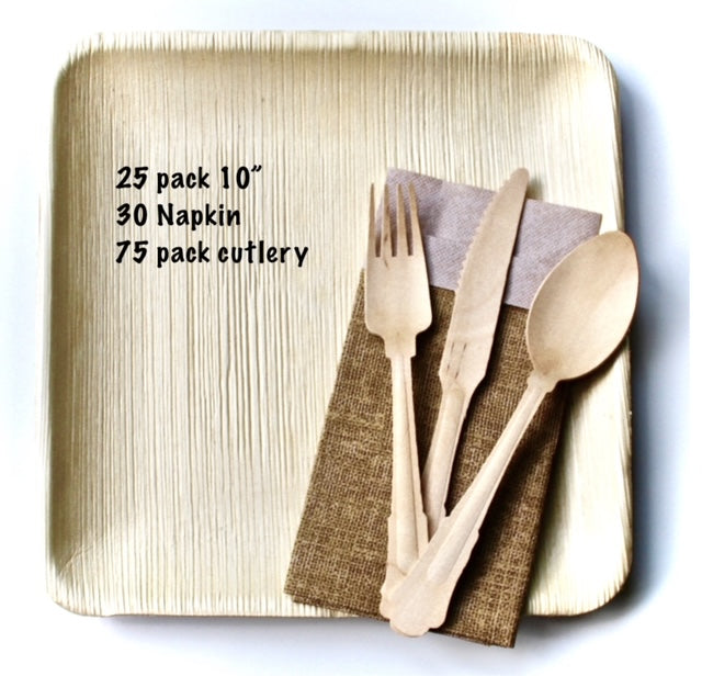 Baby Shower Bamboo Type Palm Leaf Plates 25 Piece 10" Square -30 Pack Napkin - 75 Piece Cutlery