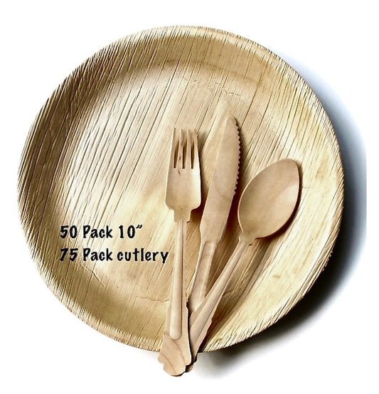 Eco Friendly Baby Shower Bamboo Type Palm Leaf Plates 50 Piece 10" Round - 150 Cutlery Fork - Knife - Spoon - For Events & Parties - Disposable - Compostable - Biodegradable