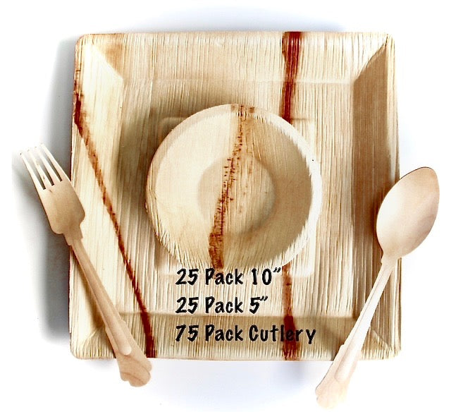 Eco Friendly Baby Shower Bamboo Type Palm Leaf Plates 25 Piece 10" Square - 25 Bowl 5" - 75 Piece Cutlery - For Events & Parties - Disposable - Compostable - Biodegradable