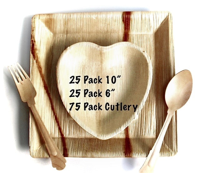 Eco Friendly Baby Shower  Bamboo Type Palm Leaf Plates 25 Piece 10" Square  - 25 Heart 6"- 75 Piece Cutlery - Biodegradable