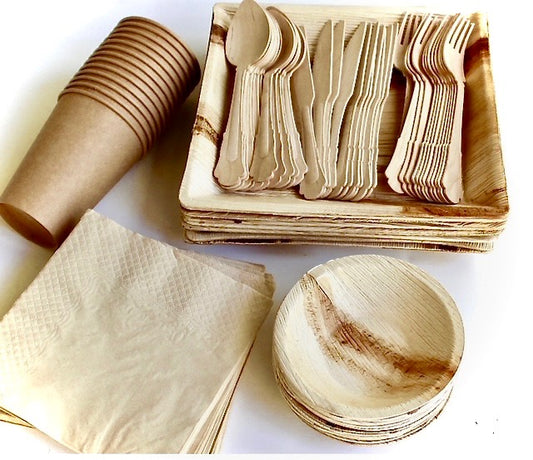 Eco Friendly Palm Leaf Plate 10 Piece Deep Square 10 Piece -5" Bowl - 20 Piece Napkin - 10 Piece Cup - For Events & Parties - Disposable - Compostable - Biodegradable