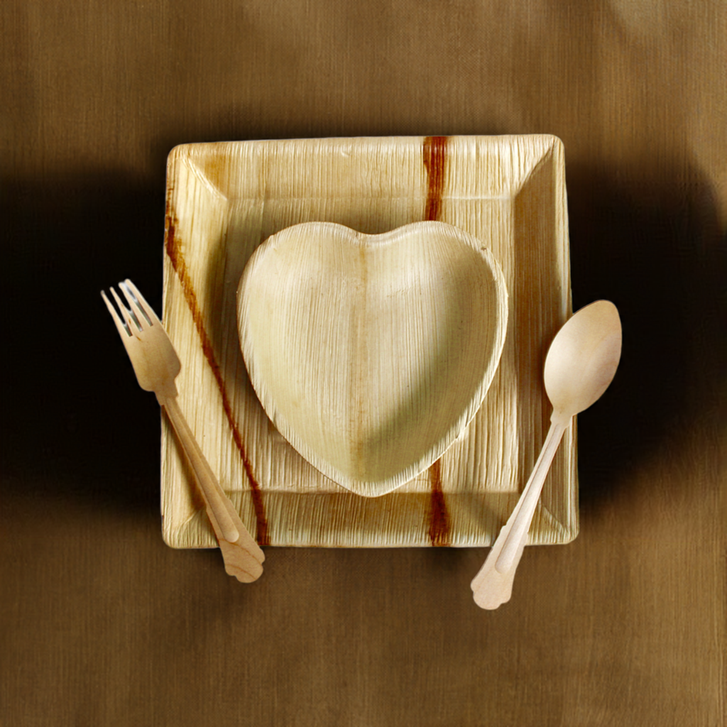 Eco Friendly 25 Piece 10" Deep Square 25 Piece Heart 6" and 75 Piece Wooden Cutlery for  Parties - Disposable - Compostable - Biodegradable