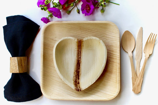 bBamboo Type Palm leaf plate 25 pices Square 10"  - 25pic 6"heart  and 75 pic cutlery  eco frindly - biodegrable - disposable - compostable