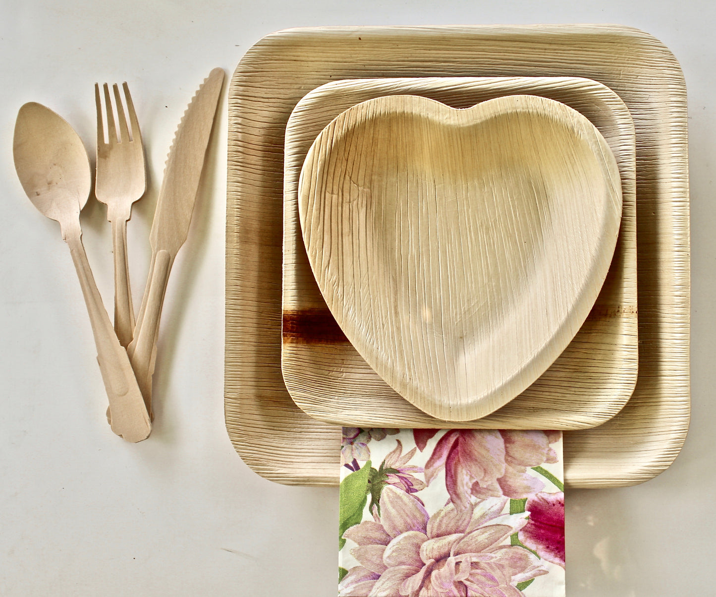 Palm Leaf plates 25 Pice 9.5" Square 25 Pice 7" Square - 25 pic 6" Heart and 75 Pic cutlery