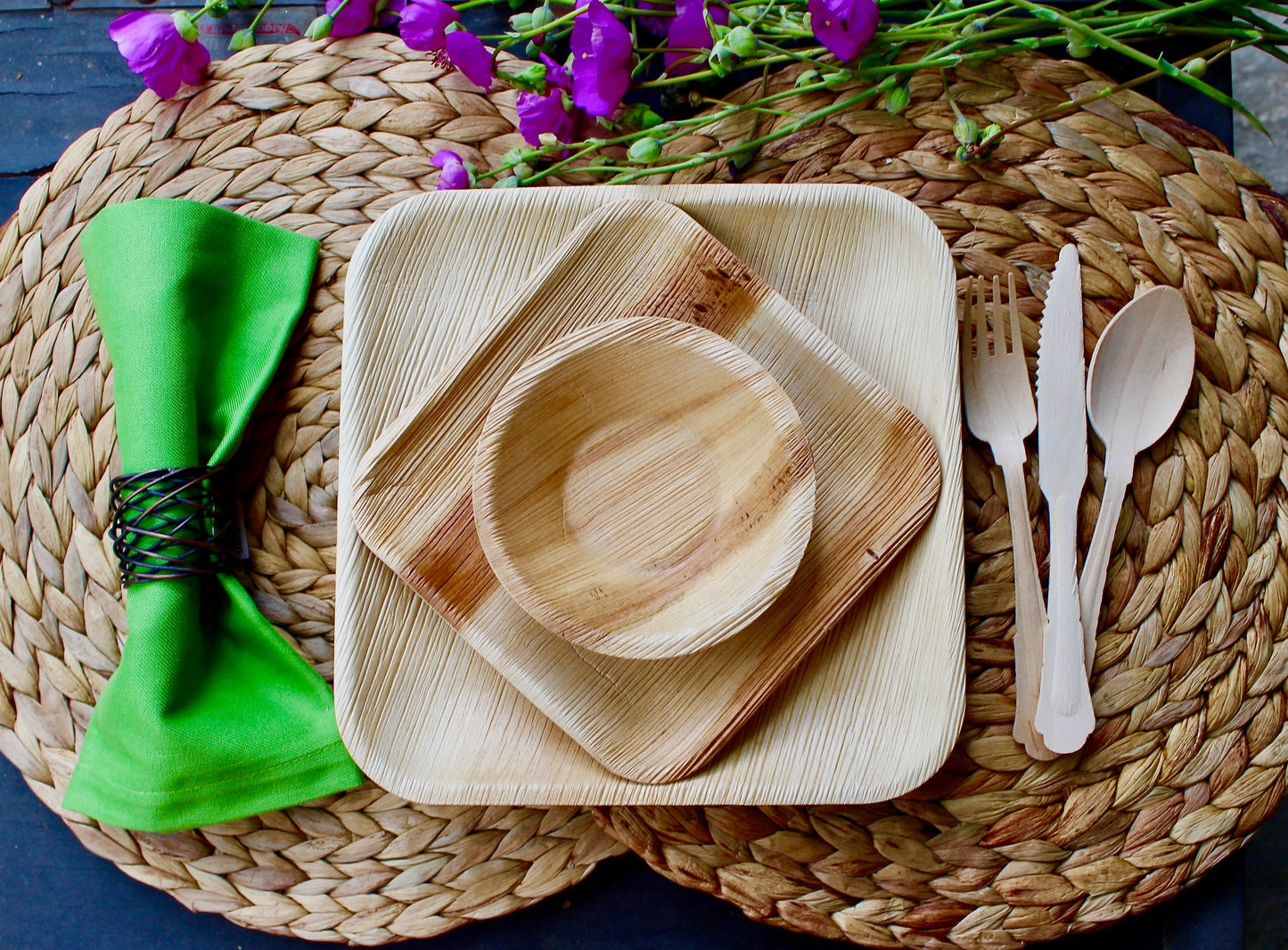 Palm Leaf plates 25 Pice 9.5" Square 25 Pice 7" Square - 25 pice 5" Bowl  and 75 Pic cutlery