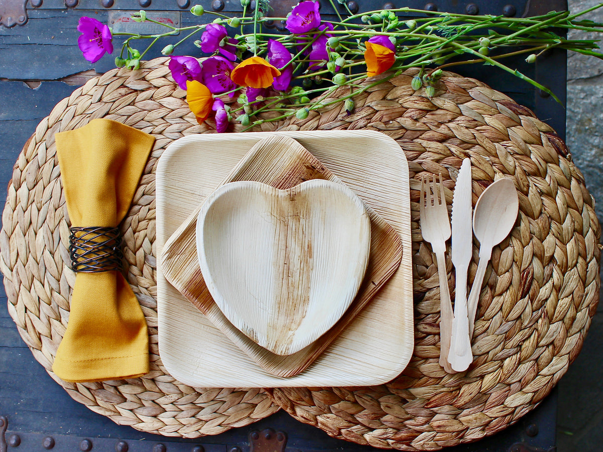 Complete Mixed Shape Set - 25 Square Plates (10") + 25 Heart Plates (6") + 25 Square Plates (6") + 25 Cups + 75 Utensils + 55 Napkins - 230pc - Biodegradable
