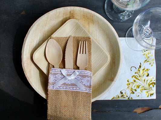 Palm Leaf plates 10 Pice Round  10"- 10 pic 7" Square - 30 Pic cutlery  and 10 pic puch - 15 pice napkin