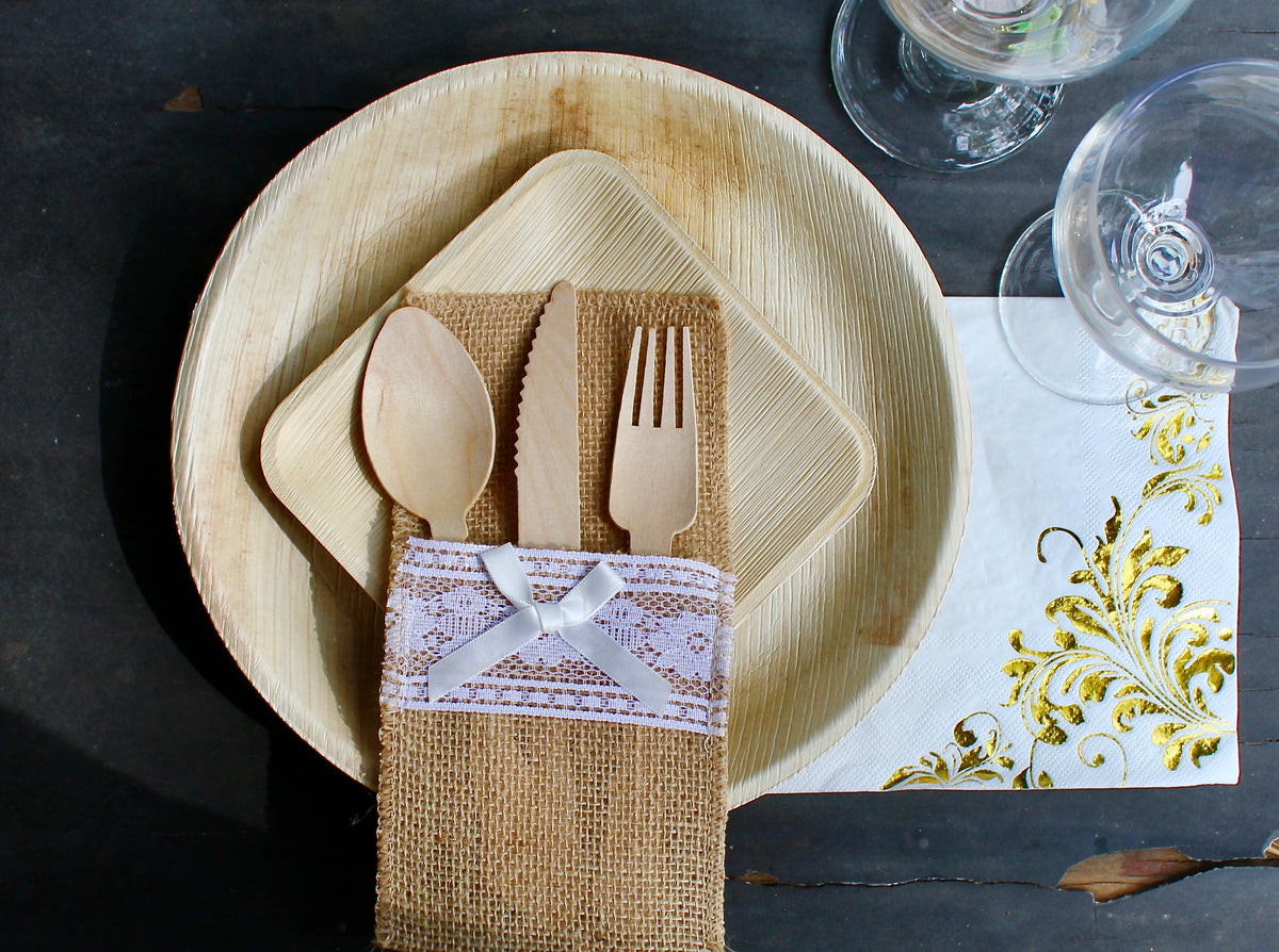 Mixed Shape Plate Set - 10 Round Plates (10") + 10 Square Plates (7") + 30 Wooden Utensils + 10 Pouches + 15 Napkins - 75pc - Biodegradable