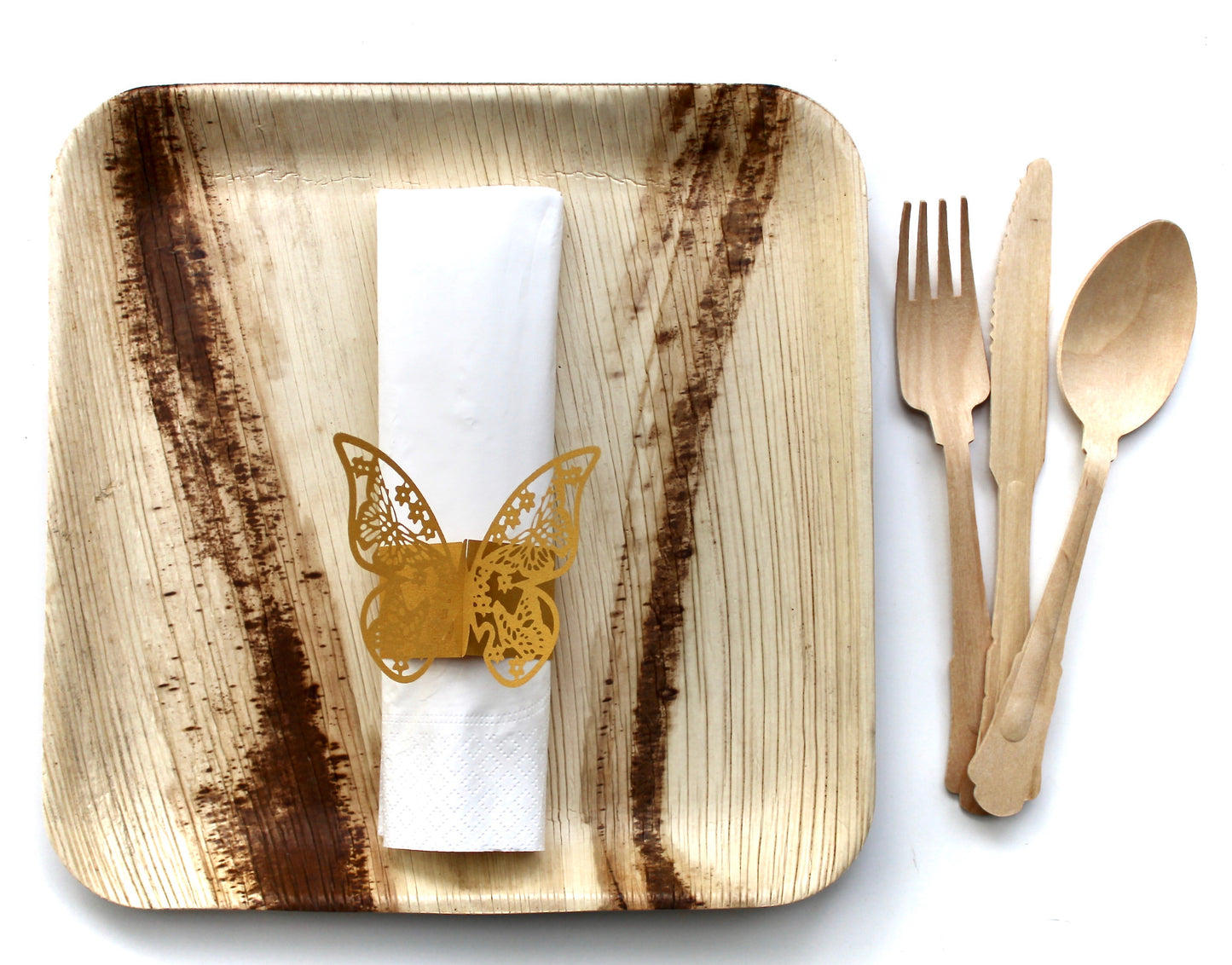 Palm Leaf plates 10 Pice 9.5" Square- 30 Pic cutlery  and 10 pice Napkin and 10 Pice butterfly 3D