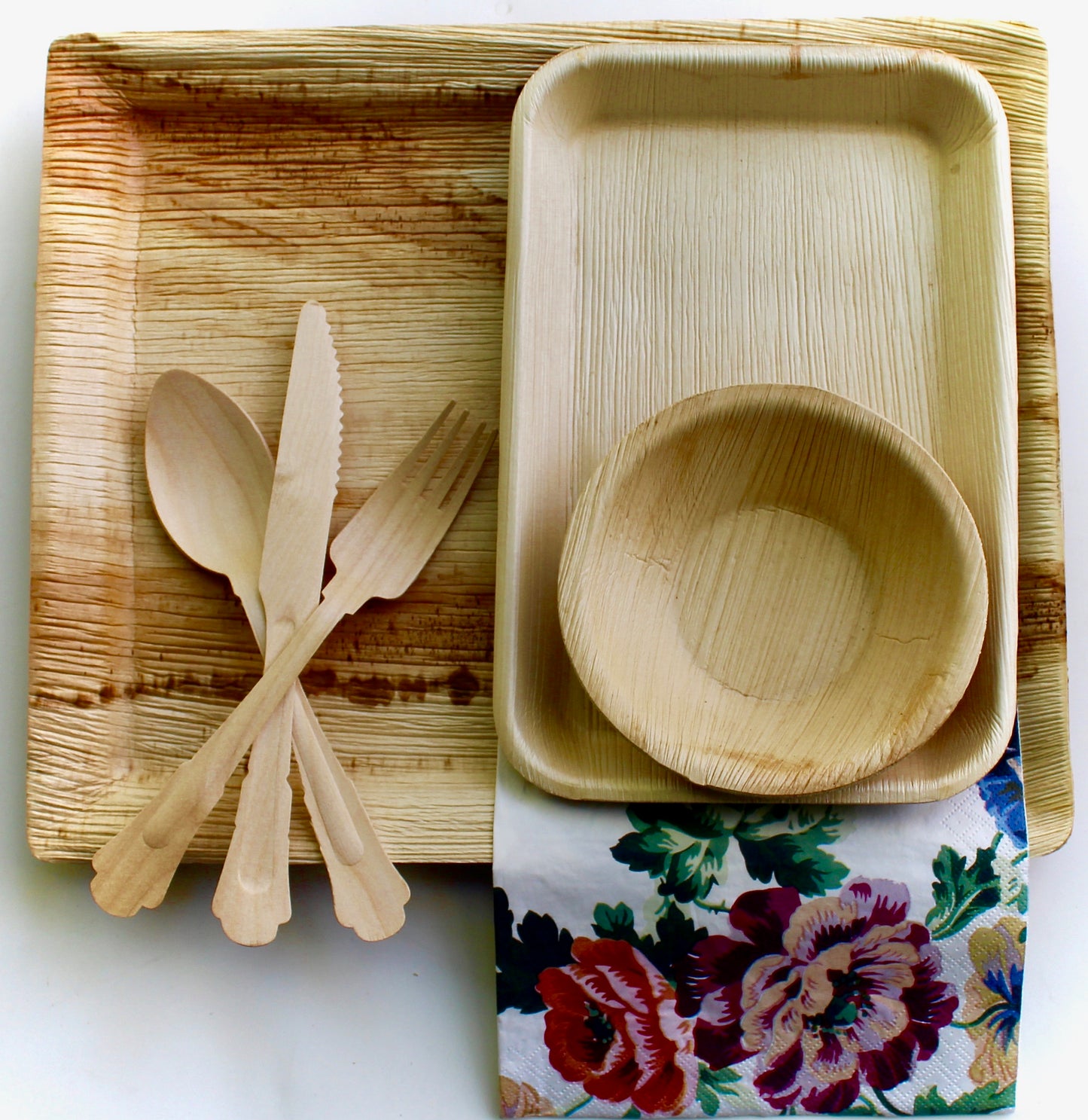 Eco Friendly Palm Leaf Plates 10 Piece Square 9.5" - 10 Piece 6" Square Bowl - 10 Piece Square 6" - 10 Piece Cup - 30 Piece Utensils - 10 Piece 6"x9" Triangle - 10 Piece 5" Bowl and 30 Piece Cutlery - 50 Piece Napkin - For Events & Parties