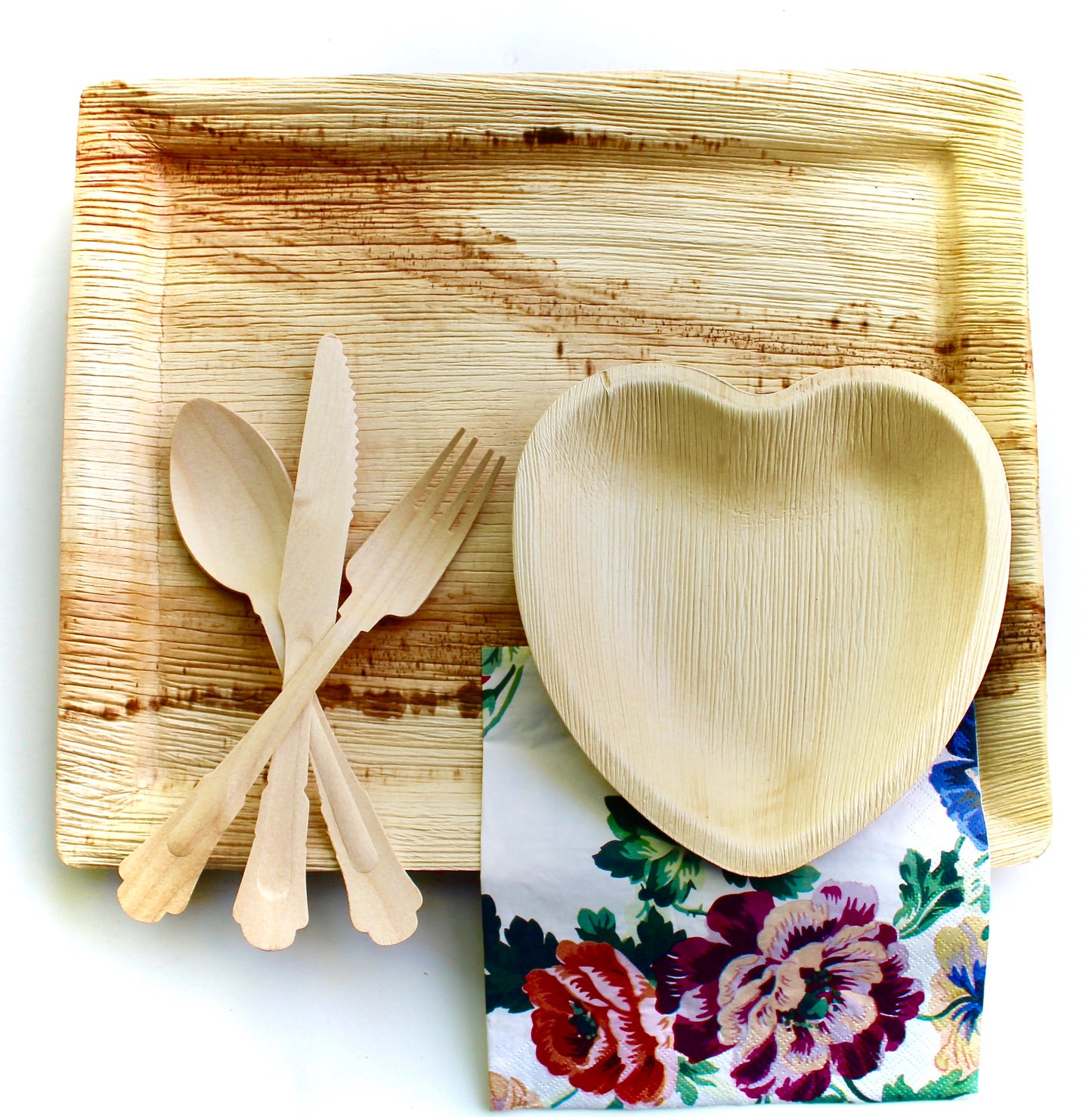 Eco Friendly Palm Leaf Plates 10 Piece Round 10" - 10 Piece 6" Heart  and  30 Piece Cutlery - 50 Piece Napkin - 10 Piece Cup