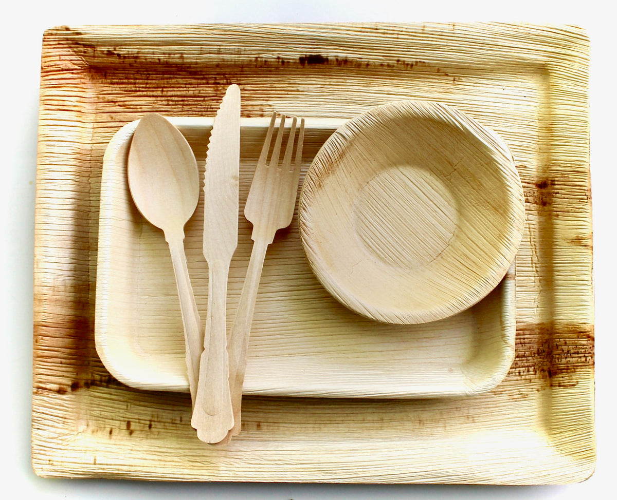 Specialty Shape Dining Set - 10 Deep Trays (10"x14") + 10 Triangle Plates (6"x9") + 10 Bowls (5") + 30 Utensils - 60pc - Biodegradable