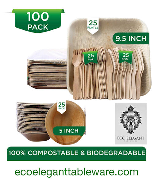 Dining Set Bundle - 25 Square Plates (9.5") + 25 Bowls (5") + 25 Wooden Forks + 25 Wooden Knives - 100pc - Biodegradable