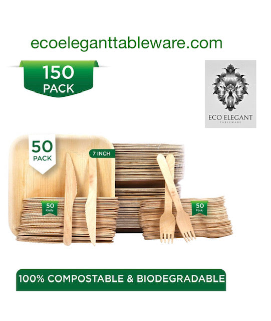 Eco Frindly palm Leaf plates 50 Pic 7" Square and 100 pic Fork - Knife  Biodegrable - disposable - composable