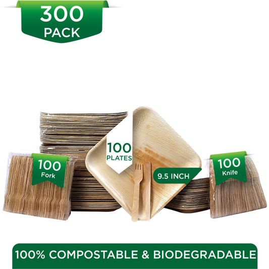 Eco Frindly palm Leaf plates 100 Pic 9.5" and 100 Pic fork and 100 pic Knife   Biodegrable - disposable - composable
