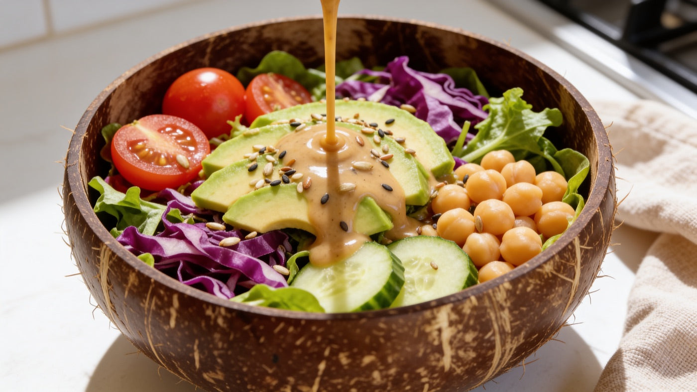 Coconut bowl filled with a fresh salad and dressing