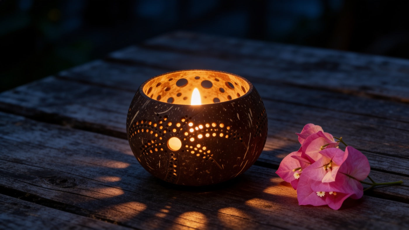 Carved coconut shell used as a glowing candle holder beside pink flowers